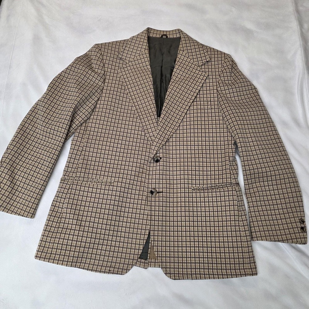 Vintage Sears Blazer Mens 38 Brown Beige Plaid Sport Coat 70s Sherlock Grandpa